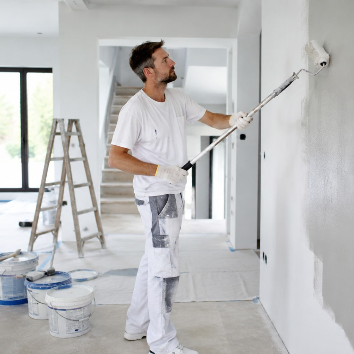 Schilder rolt strak een muur af in een woning