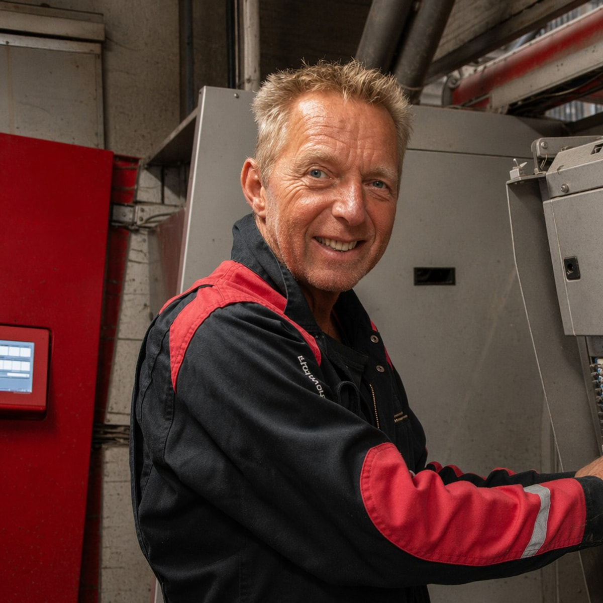 Lely-monteur werkt lachend aan een technische installatie op locatie